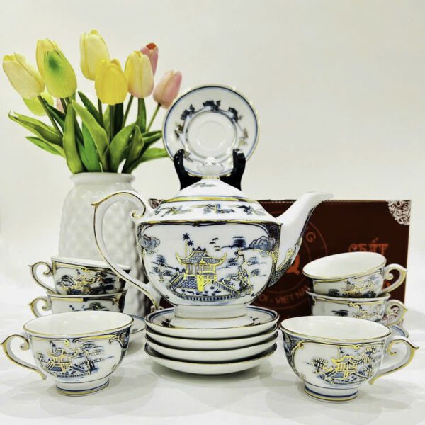 Bộ ấm chén vẽ chùa Một Cột chỉ vàng 24k